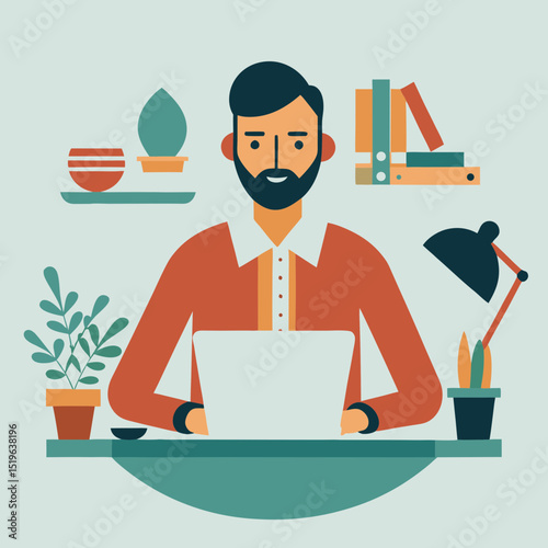 Bearded man working on laptop at desk in flat vector style