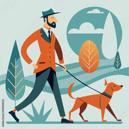 Man walking dog in flat vector style with scenic landscape