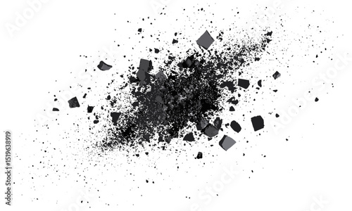 Dust burst from black chalk, flying particles, explosion isolated on white, vector illustration, clipping path, dry pigment cloud, school materials, broken chalk powder.