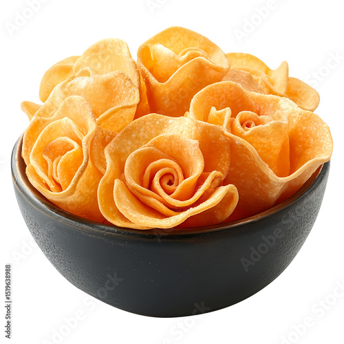 High-Quality PNG Golden Rose-Shaped Snacks in Bowl, isolated on fully transparent png background