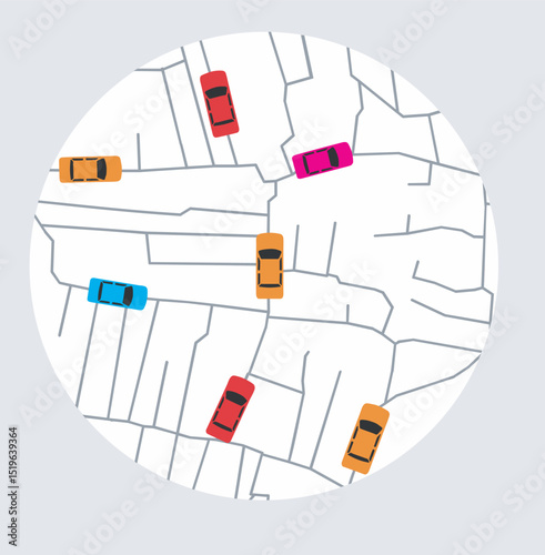car on road map, Top view city map with winding roads. Street Map with navigation icons. Navigation concept. Vector illustration can used for web banner and info graphic.Bus with line start and finish