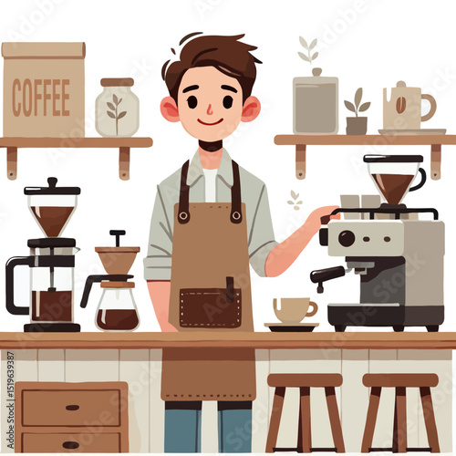 Barista with Brown Apron Standing Near Coffee Machines and Shelves in Cafe Illustration
