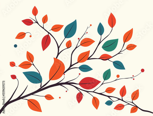 Colorful decorative autumnal branch featuring leaves in various shades and beautiful arrangement 