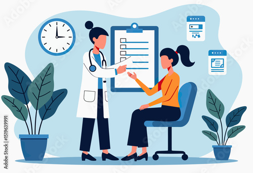 Promote effective healthcare and patient well-being with this clear illustration of a doctor providing medical guidance and reviewing a checklist with a patient, ideal for medical education and clinic