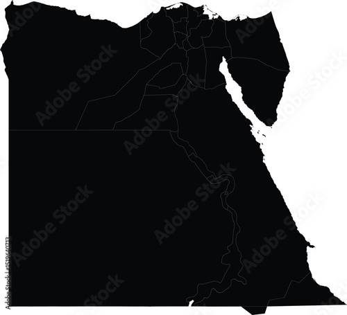 black silhouette map of egypt with internal divisions for geographic illustration, vector