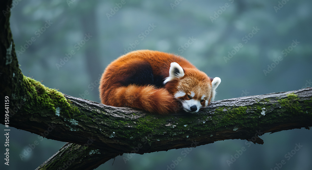 Fototapeta premium A red panda sleeping curled on a tree branch, tail wrapped around, misty forest background.