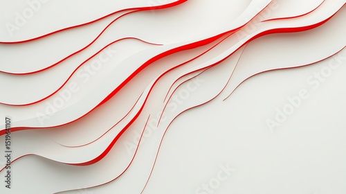 Minimal abstract composition with curved ultra-thin red lines on a white to light gray gradient background. Clean and modern flat layout design suitable for web interface and digital presentations