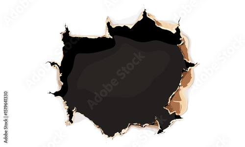 Burnt hole of paper, texture and background, clipping path, vintage paper design, grunge texture, distressed edges, vector illustration, old torn paper, rustic paper effect.