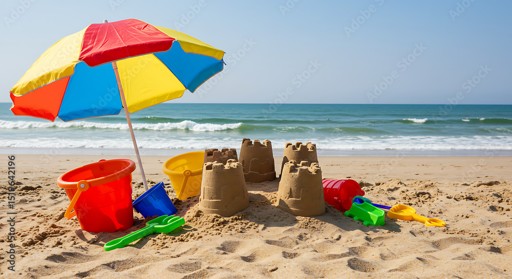 A beach scene with a sandcastle and toys A beach scene with a sandcastle and toys