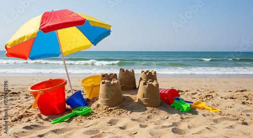 A beach scene with a sandcastle and toys