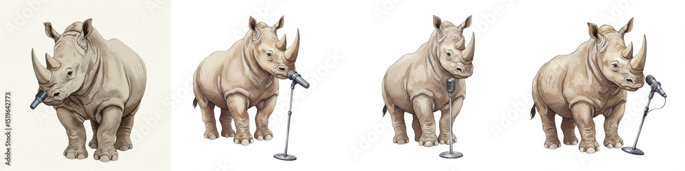 Fototapeta premium Watercolor Rhinoceros Karaoke Star - A rhino enjoys singing karaoke. The symbolizes fun, unexpected talent, individuality, entertainment, and unique performance