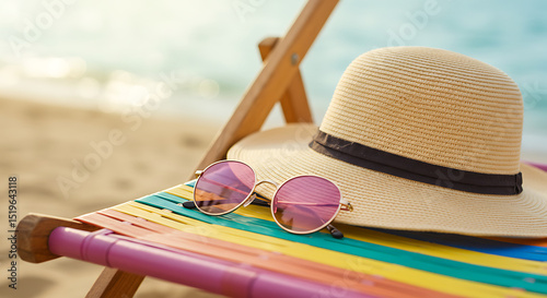 A sun hat and sunglasses on a beach chair.