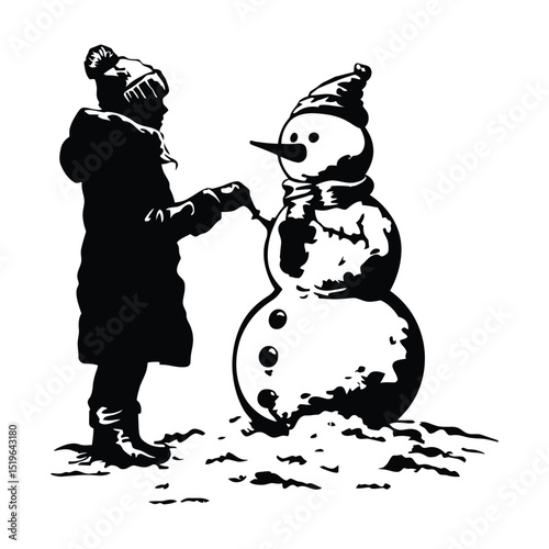 A person making a snowman silhouette of simple minimal vector