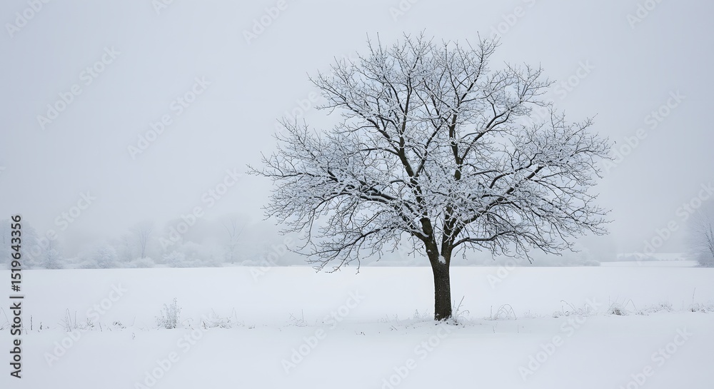 Apple Tree in Winter, Bare Branches Covered in Frost With Snow-covered Field and Overcast Sky Apple Tree in Winter, Bare Branches Covered in Frost With Snow-covered Field and Overcast Sky