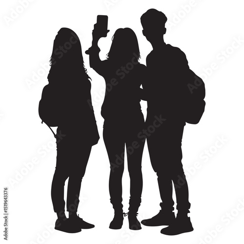 Three Friends Taking a Selfie Together with a Smartphone Backpacks on in a Black Silhouette Style silhouette