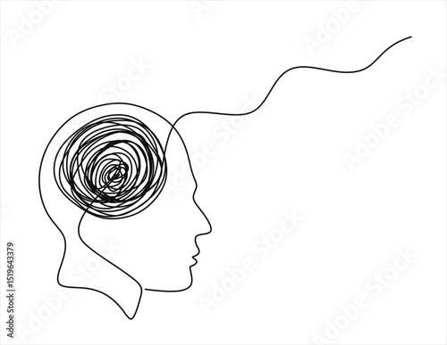 Continuous single line drawing of a person with confused thoughts. Concept of mental health problems, stress, grief, headache in simple linear style. Hand drawn one line vector. Editable stroke