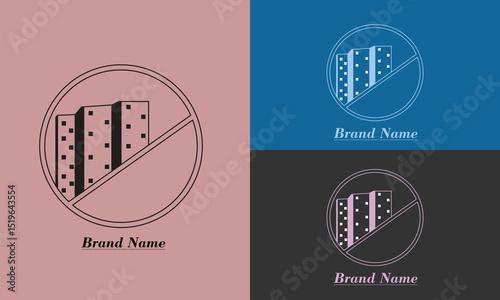 A minimalist vector building logo featuring three stylized skyscrapers arranged in an ascending diagonal pattern, enclosed within a double-lined circle. 
