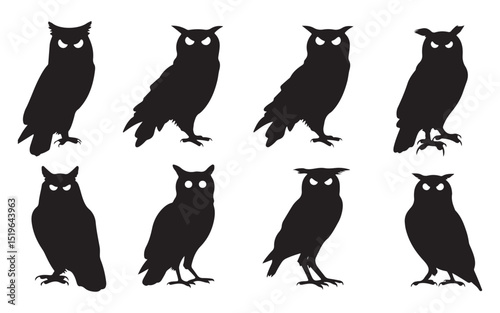 Collection of Owl Silhouettes in Various Poses Nocturnal Bird Illustrations in Black and White Silhouette