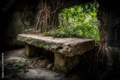 A weathered stone table sits within a dark, overgrown enclosure, hinting at forgotten stories and the relentless embrace of nature's reclamation.