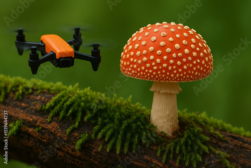 High-Tech Orange Drone Hovering Over a Red and White Spotted Mushroom in a Lush Green Forest, Capturing a Unique Blend of Nature and Innovation.