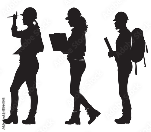 Construction Workers Team Planning with Laptop and Blueprint in Silhouette Style on White Background Silhouette
