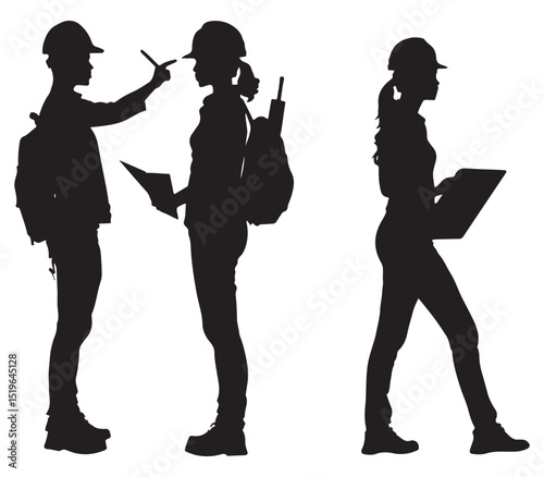 Construction Workers Team Planning with Laptop and Blueprint in Silhouette Style on White Background Silhouette
