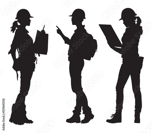 Construction Workers Team Planning with Laptop and Blueprint in Silhouette Style on White Background Silhouette