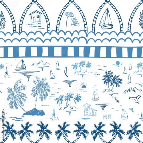 Blue tropical sea island seamless pattern. Hand drawn sketch coastal background, cute palms, beach houses, sailboats, ocean vibes, sunset. Vector summer vacation wallpaper drawing in ink.