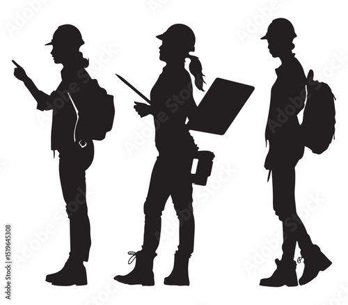 Construction Workers Team Planning with Laptop and Blueprint in Silhouette Style on White Background Silhouette
