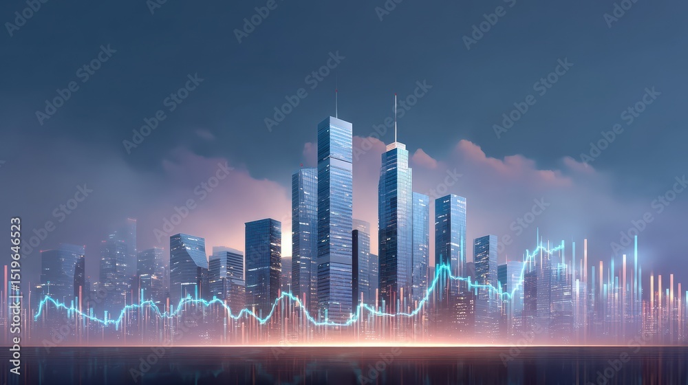 Fototapeta premium Futuristic city skyline with skyscrapers and digital graphs, reflecting economic growth and innovation.