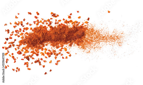 Close up chopped red chili flakes, milled dry paprika, isolated on white background, spicy hot pepper, vector illustration, paprika powder, chili spice, culinary ingredients, food seasoning.