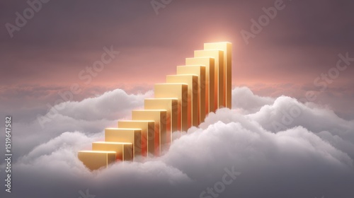 A staircase of golden blocks rises through soft clouds under a glowing sky.