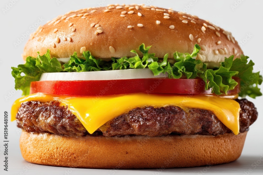 Close-up shot of a delicious cheeseburger with fresh ingredients, including juicy beef patty, melted cheese, crisp lettuce, ripe tomato, and onion, all stacked between a sesame seed bun. Close-up shot of a delicious cheeseburger with fresh ingredients, including juicy beef patty, melted cheese, crisp lettuce, ripe tomato, and onion, all stacked between a sesame seed bun.