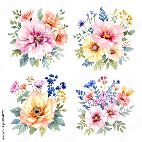 Soft romantic watercolor bouquets featuring pastel garden flowers arranged in airy balanced botanical compositions