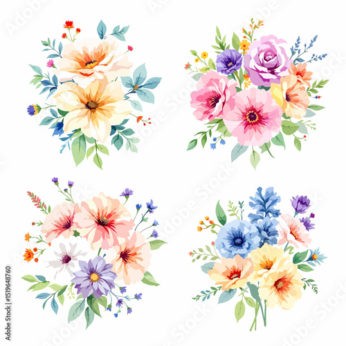 Whimsical watercolor bouquets blending wildflowers and classic garden roses in light refined composition