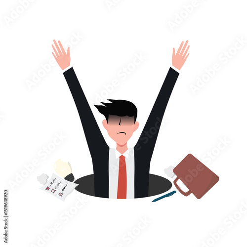 Businessman overwhelmed by work falling into hole