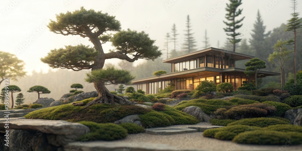 Fototapeta premium Eco-friendly luxury as a product and lifestyle concept. Serene bonsai garden with a contemporary house in the background.