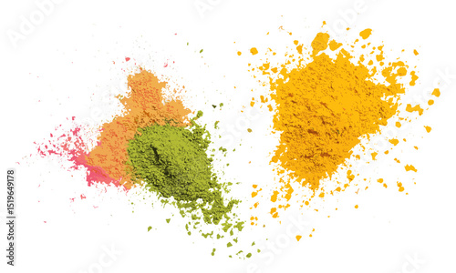 Colorful powder explosion, matcha, turmeric, acai flying isolated on white, clipping path, vector illustration, vibrant colors, healthy food, spices, natural ingredients.