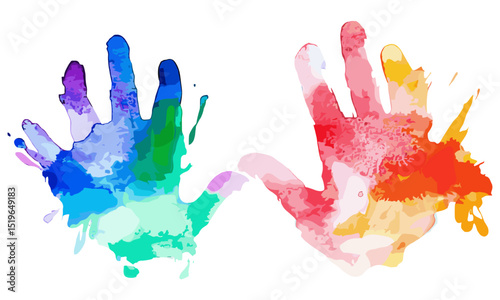 Colorful hand print watercolor, paint isolated on white, vector illustration, vibrant artistic design, abstract brush stroke, creative hand art, unique artwork.