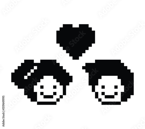Cute pixel cartoon 8bit character couple together feel love happy heart soulmate relationship decoration 8 bit couple in love valentine day game isolated PNG vector.