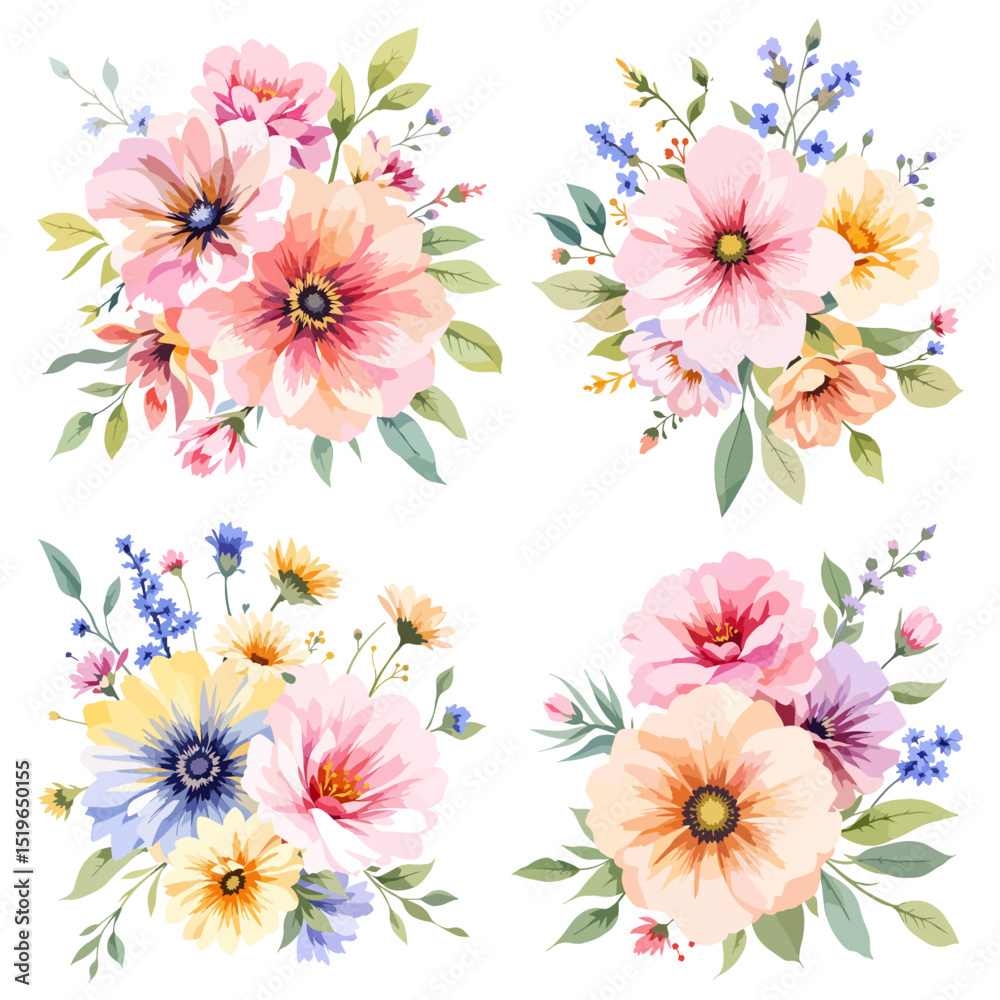 Obraz premium Watercolor floral illustration set with delicate flowers and leaves, isolated on white background