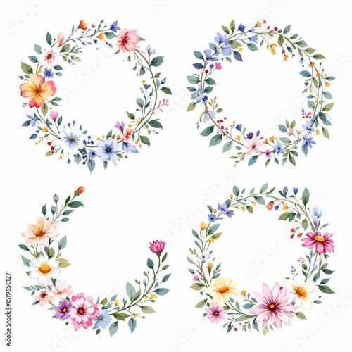 Set Floral Wreath Watercolor on transparent background