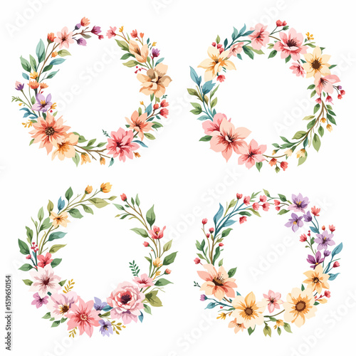 Set Floral Wreath Watercolor on transparent background