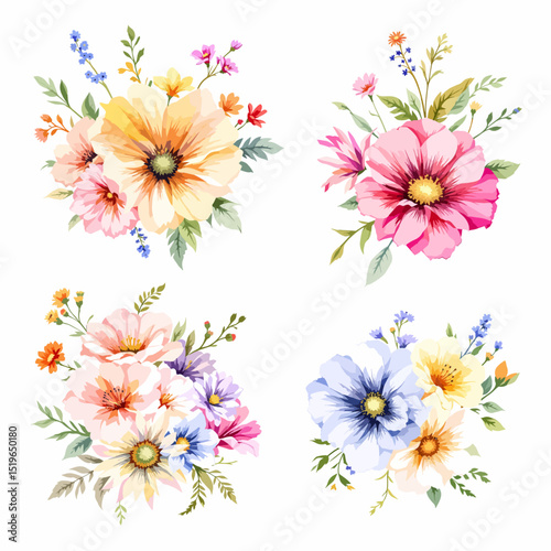 Watercolor floral illustration set with delicate flowers and leaves, isolated on white background