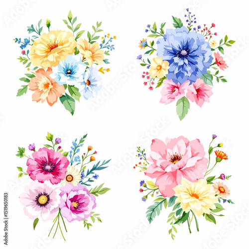 Watercolor floral illustration set with delicate flowers and leaves, isolated on white background