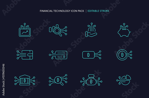 Color Outline Finance Fintech Icon with Electricity Line in Futuristic Payment and Digital Banking. Cryptocurrency or Stable Coin AI Financial Analysis Symbol. Editable Stroke illustration.