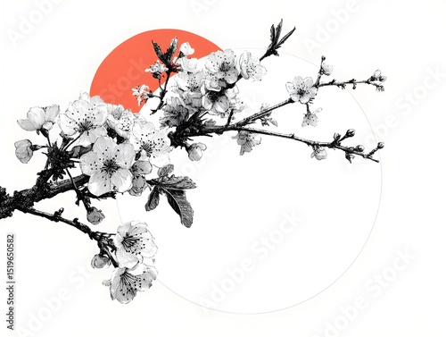 A delicate branch of blossoming cherry flowers in monochrome style is artfully arranged against a minimalist coral circle background.
