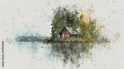 Tranquil lakeside retreat, watercolor painting of a cozy cabin on serene lake serene