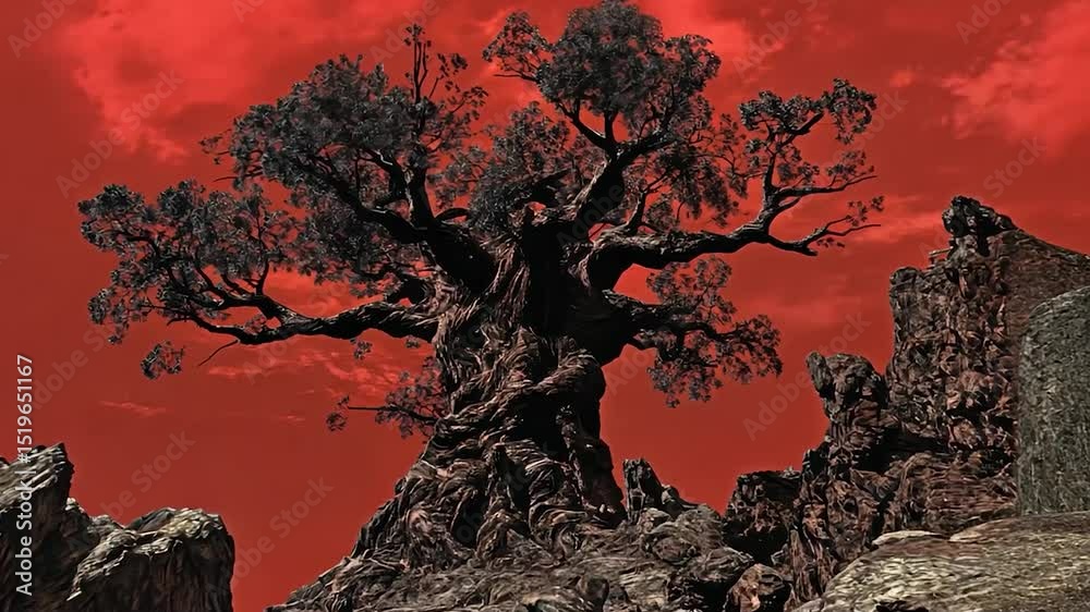 Ancient, gnarled tree dominates a rocky, crimson landscape under a fiery red sky