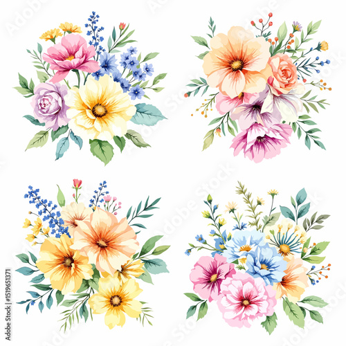 Set of floral bouquet isolated on white background with classical  flowers
